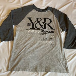 Gray, Young and Reckless brand, 3/4 length sleeve, size L shirt.